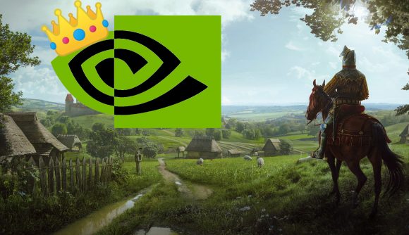 An Nvidia logo, wearing a crown, (left) sits atop a hill with a knight (right) looking onwards at it