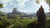 Manor Lords smashes past 150k peak players with 90% Steam rating: A horsed rider looks out across rolling countryside at a grim large castle in the distance.