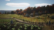 When is Manor Lords coming out? PC release times: Some medieval peasants work the fields, growing cabbages, in Manor Lords while a giant fall forest rises behind them.