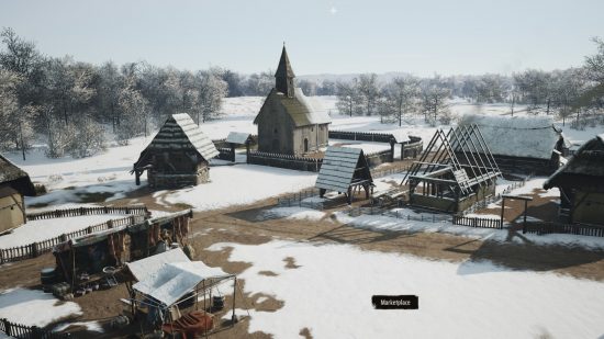 Manor Lords early access review: a small medieval town with a church, several houses, and a merchant stall during winter.