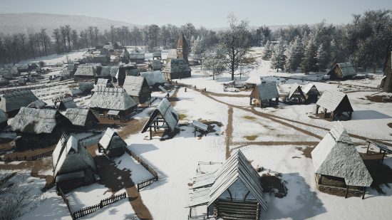 Ein Screenshot von Manor Lords, der eine Stadt im Winter zeigt.