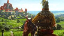 Manor Lords will have sales often, publisher promises - A man on a horse looks out across fields towards a large town.