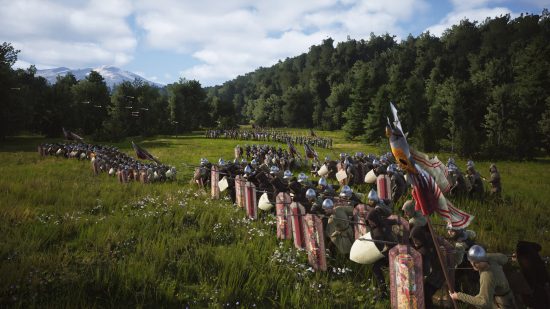Une bataille dans Manor Lords montrant une armée médiévale alignée dans une clairière, entourée d'une forêt dense.