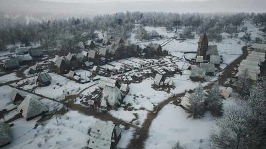 Best new PC games: a birds eye view of a small village in the winter time.