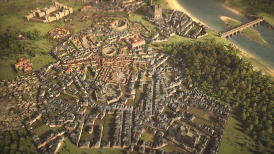 Civilization meets Cities: Skylines in new historical city builder: A city from Memoriapolis sprawls over the land, with beaches and forests bordering it.