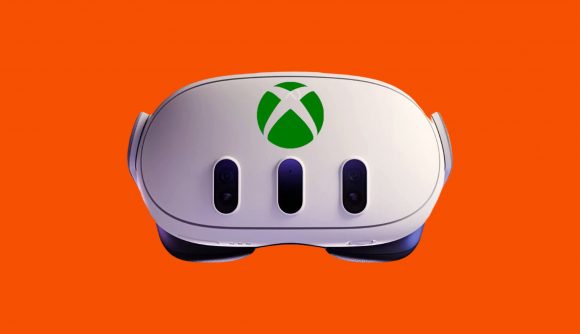 A Meta Quest 3 headset against an orange backghround with a green Xbox logo shopped on to the visor