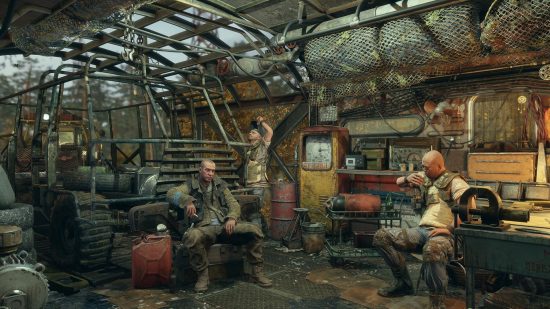 A screenshot from Metro Exodus that shows people just hanging about in a room filled with technology, a moment of respite in the apocalypse.