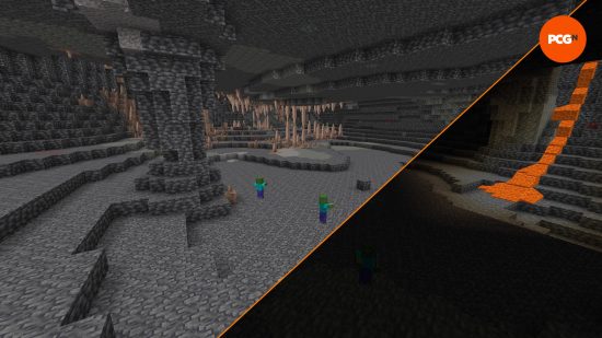 A side by side image of a large cave, one clear view with the Minecraft texture pack Night Vision, and the other in total darkness.