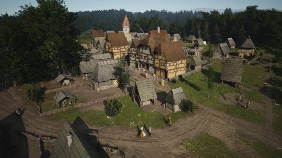 Manor Lords pop: an overhead view of a quaint town surrounded by trees.