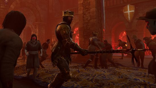 A warrior in Mordhau faces off against a range of red-eyed peasants all looking extremely demonic.