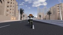Moto Trackday codes: a Roblox man is driving a bike at speed down a highway in a city.