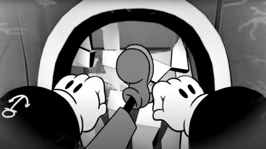 Mouse release date: The player character kicks a rubber-hose style cartoon foot through a door, gloved fists in front of them.