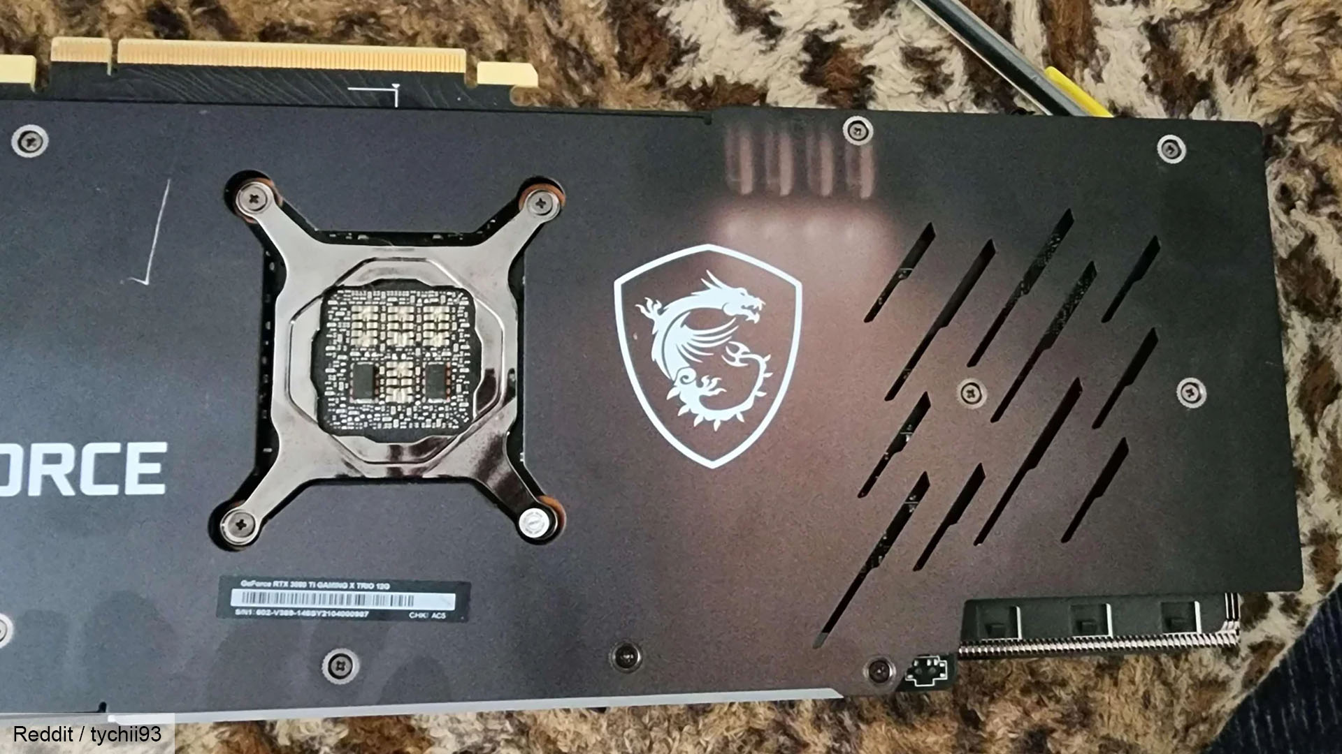MSI Gaming X Trio RTX 3080 graphics card with RGB memory burn on backplate