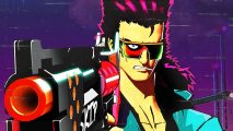 Highly anticipated ultra-violent roguelike FPS sets Steam release date: Jack from Mullet Mad Jack aims his gun towards you, his hair purple, his sunglasses red and green, and a VHS effect all around.