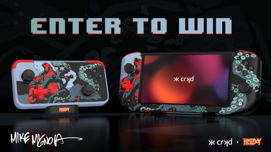 An image of the Hellboy themed Neo S controller and Nitro Deck with the text 'enter to win' hanging above them
