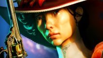 Nightingale update 0.2 brings first big upgrades to the troubled survival game - A woman wearing a wide-brimmed red hat holds up an ornate revolver.