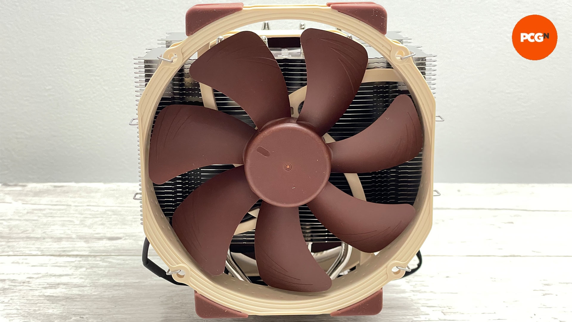 Noctua NH-D15 review image showing the product from the front. To the top right corner, you can see the PCGamesN logo.