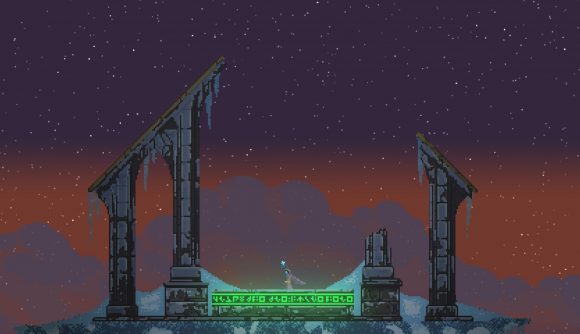 Noita Epilogue 2 Steam update: a pixel-art image of a wizard stood at some sort of altar