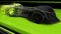 Nvidia DLSS key art, featuring a black sports car, on a green track