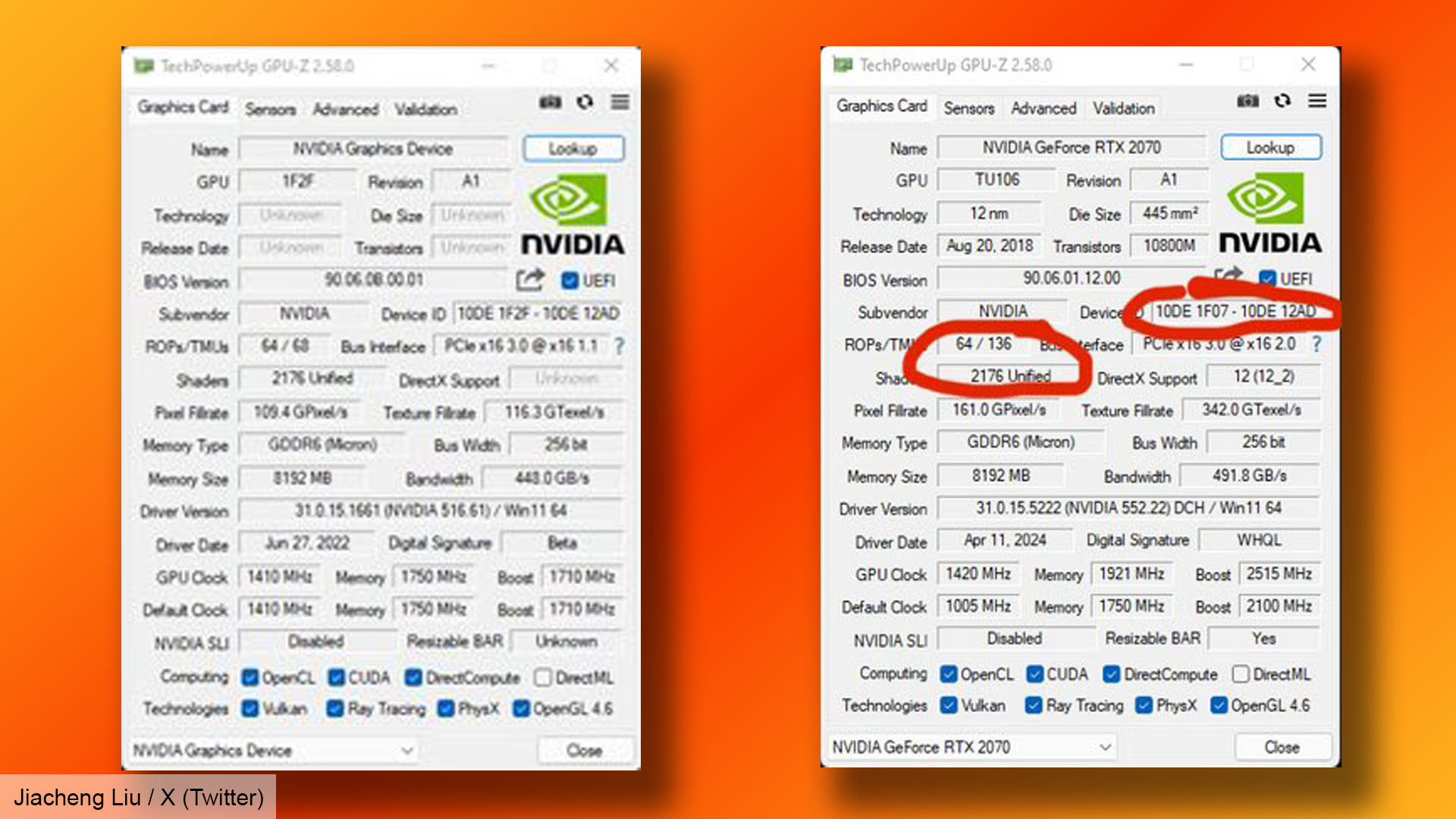 Capturas de pantalla de GPU-Z de muestra de ingeniería de la tarjeta gráfica Nvidia GeForce GTX 2070