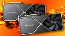 Nvidia GeForce RTX 5090 and 5080 mockups on fiery background