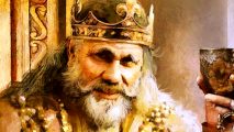 4X strategy game DLC Old World Behind the Throne is filled with stresses, strains, and opulence - A bearded man in a crown holds up a goblet.