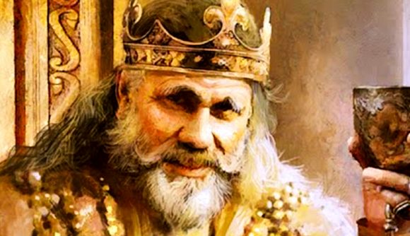 4X strategy game DLC Old World Behind the Throne is filled with stresses, strains, and opulence - A bearded man in a crown holds up a goblet.