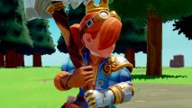 New building game Overthrown has a chaotic twist - An orange-haired adventurer wearing a golden crown clutches a large hammer.