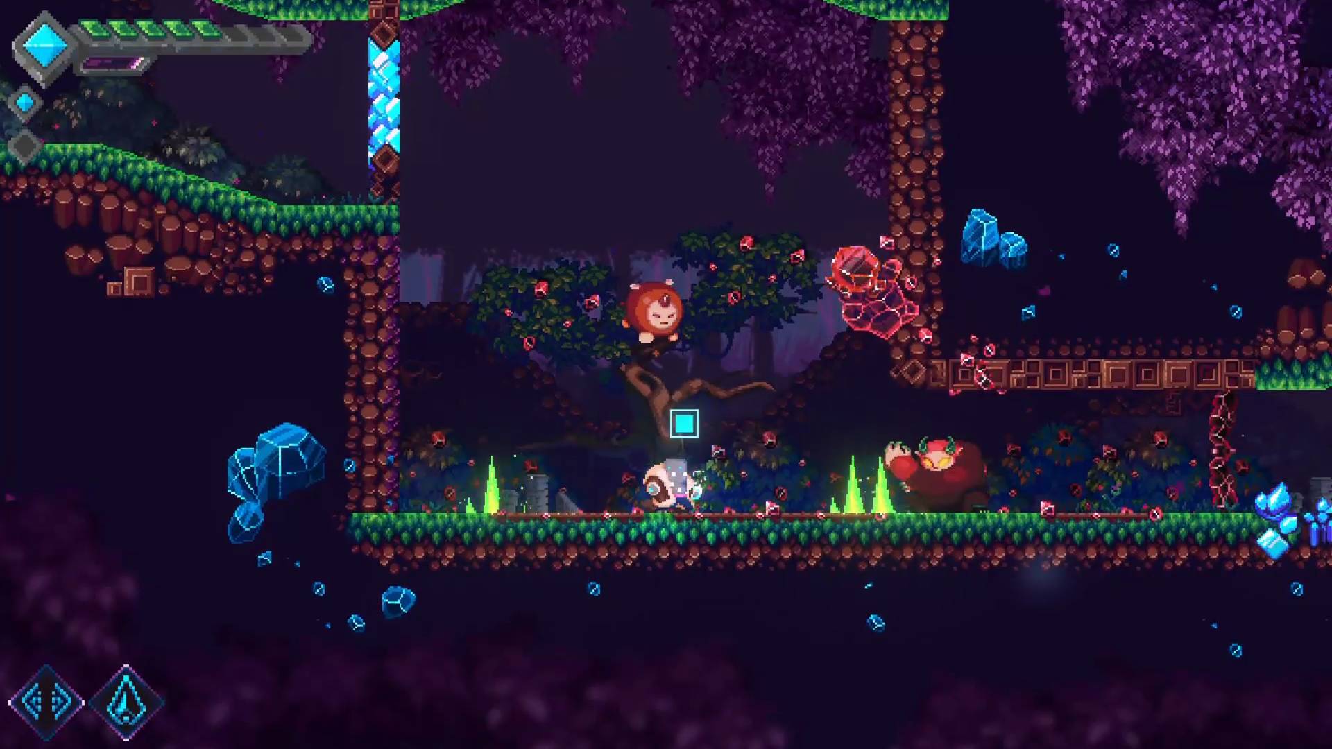 Mega Man et Doom entrent en collision dans un nouveau jeu de plateforme indépendant : un personnage de jeu vidéo aux pixels bleus se tient dans une zone de forêt verte tandis qu'un ennemi qui ressemble à un mélange d'abeille et d'ours le regarde.