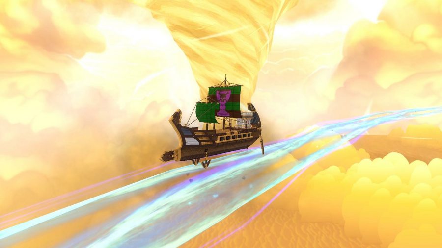 A pirate ship sets sail across a yellow sky with a whirlwind visible in the distance atop the clouds.