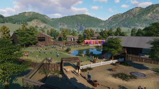 A screenshot from the upcoming Planet Zoo DLC which shows a large petting zoo filled with people and creatures.