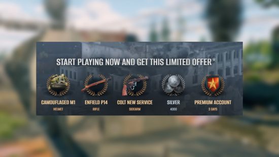 Enlisted new player bonus, including armor, weapons, 4000 silver, and three days of premium access.