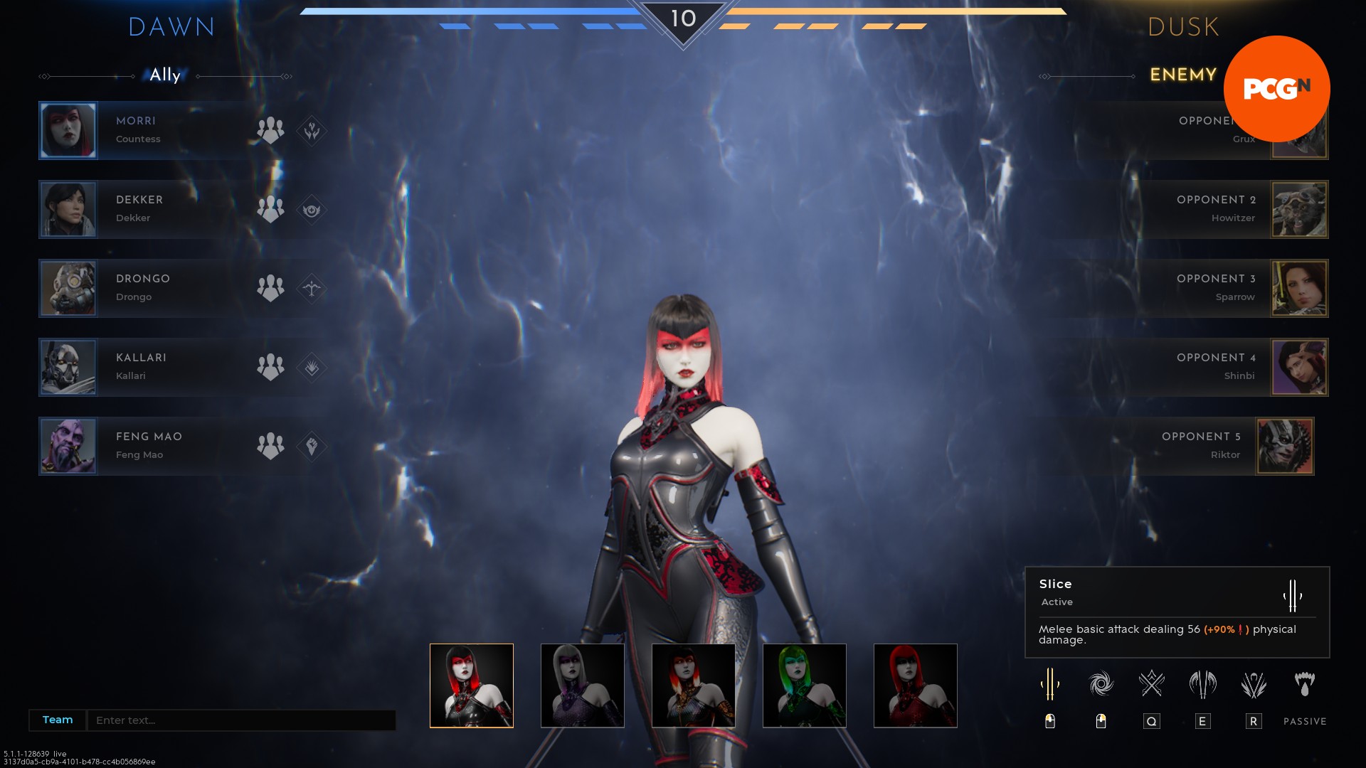 Der Paragon-Charakterauswahlbildschirm, auf dem der Spieler Gräfin ausgewählt hat, eine Gothic-Frau mit rotem Make-up auf der Stirn, einem engen Lederoutfit und zwei Dolchen