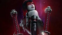 Predecessor isn't just "Paragon 2," CEO says: A pale woman with dark hair in a bob, red eyes, and red makeup in a stripe across her face wearing a leather corset looks over her shoulder at two knives stuck into the ground in front of the camera on a crimson background