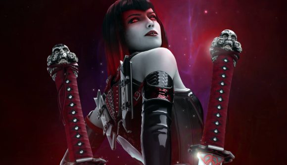 Predecessor isn't just "Paragon 2," CEO says: A pale woman with dark hair in a bob, red eyes, and red makeup in a stripe across her face wearing a leather corset looks over her shoulder at two knives stuck into the ground in front of the camera on a crimson background