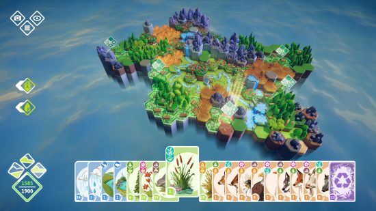 Ein Screenshot von Preserve, der eine Karte zeigt, die mit Kreaturen und Pflanzen gefüllt wird, mit einer Reihe von Karten am unteren Bildschirmrand.