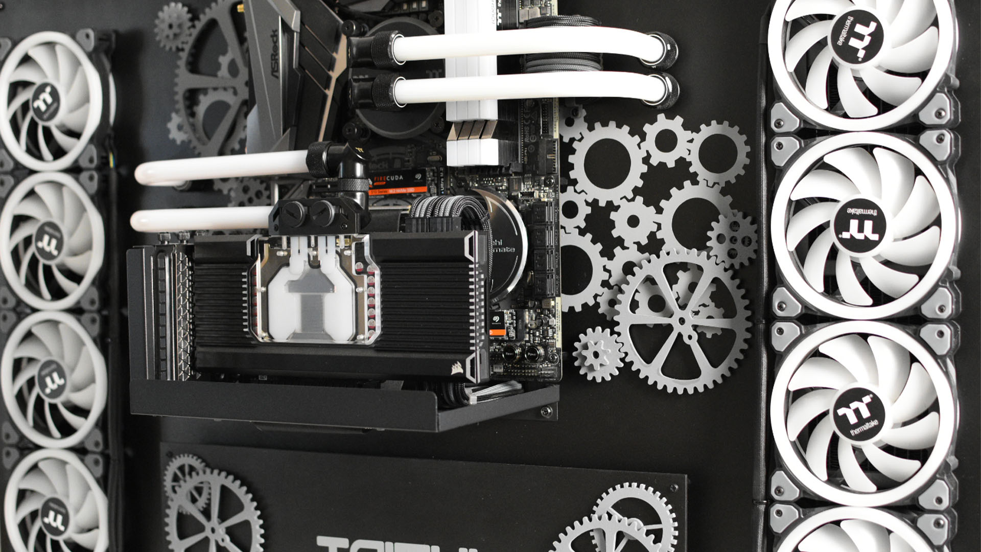 A black PC with white wires 
