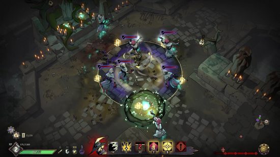 A screenshot from Ravenswatch showing a group of enemies in a circle being affected by the Pied Piper who is tootling away in the center.
