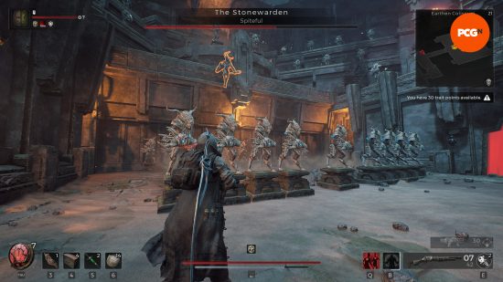 Remnant 2 The Forgotten Kingdom - Two players fight 'The Stonewarden, a boss in the new DLC for the co-op shooter.