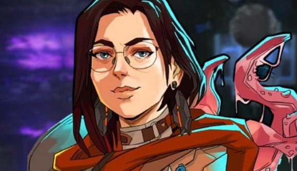 Rimworld Anomaly update lowers the horror in new colony sim DLC - A brown-haired woman in glasses smiles at you, as fleshy tentacles appear behind her.