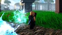 Robending codes: a Roblox man throwing some water at an enemy offscreen.