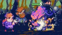 Sea of Stars meets Opus Magnum in roguelike puzzle RPG, coming soon: Two cartoon men, one shooting a gun at a mushroom creature, from Rogue Voltage.