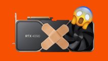An RTX 4090 covered in band aids with a shocked emoji in the top corner