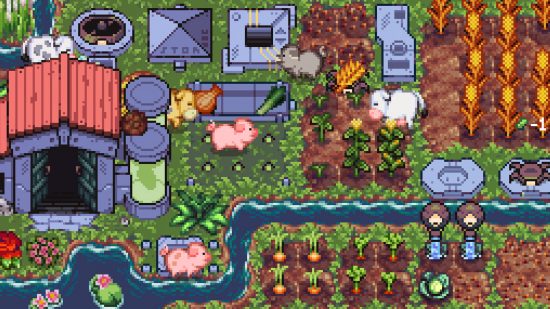A screenshot from Rusty's Retirement which shows a bustling farm, filled with pixel animals.