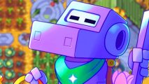 Rusty's Retirement Steam popularity: a purple boxy robot stood in front of a pixel art farm