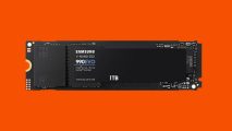 Samsung 990 Pro gaming SSD against an orange background