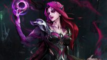 A pink haired gothic woman wearing black armor with pink inlays summons a purple sphere of energy in her hand