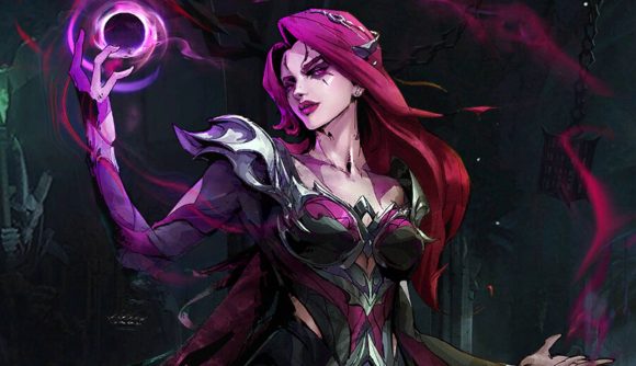 A pink haired gothic woman wearing black armor with pink inlays summons a purple sphere of energy in her hand
