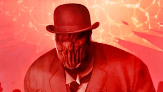 81% rated DBD rival out now and discounted on Steam: A figure with a distorted face in a top hat and suit, from Sker Ritual.
