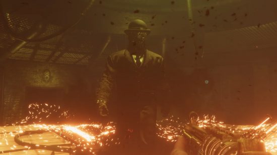 An image of Abraham, Sker Ritual's antagonist standing in a sea of flames